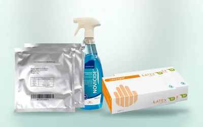 Pack Início Seguro Criolipólise 360: membranas anticongelantes, luvas látex (cx/100), spray desinfectante