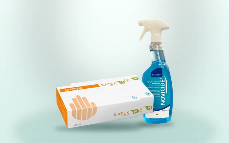 Pack Início Seguro Higiene & Desinfeção: luvas látex, spray desinfectante