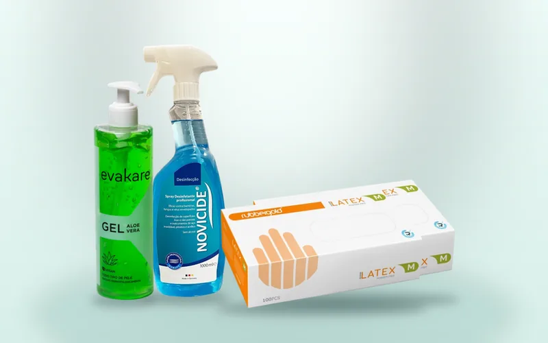 Pack Início Seguro Nd:YAG: luvas látex, spray desinfectante, gel aloé vera