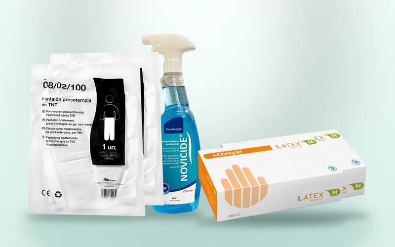 Pack Início Seguro Pressoterapia: calças pressoterapia, luvas látex, spray desinfectante